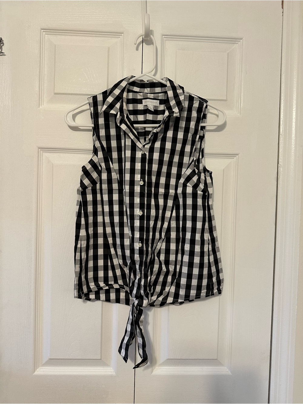 Charter Club Black & White Gingham Tie-Front Sleeveless Button-Down Top